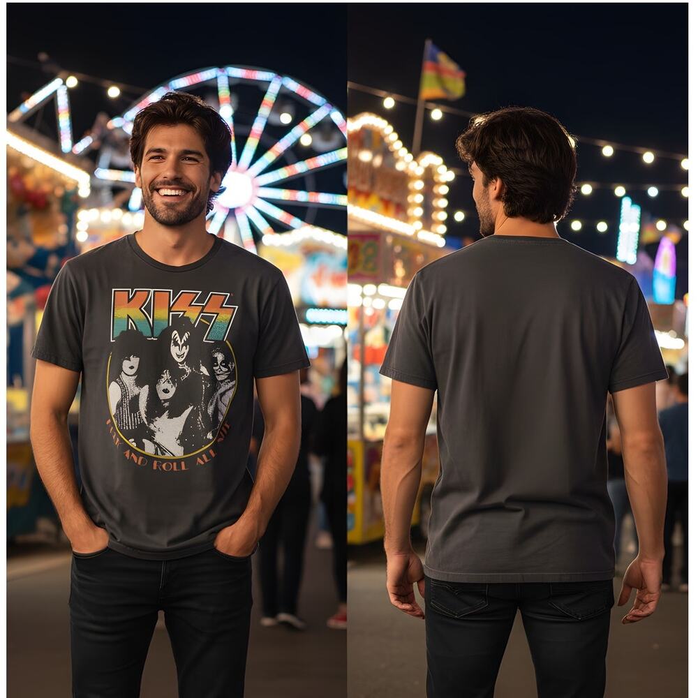 KISS Band Rock and Roll All Nite Shirt Men’s XL 48 Chest Gray Graphic Tee